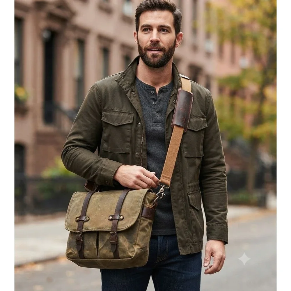Newhey Waterproof Waxed Canvas Messenger Bag Olive Army Green Laptop Briefcase